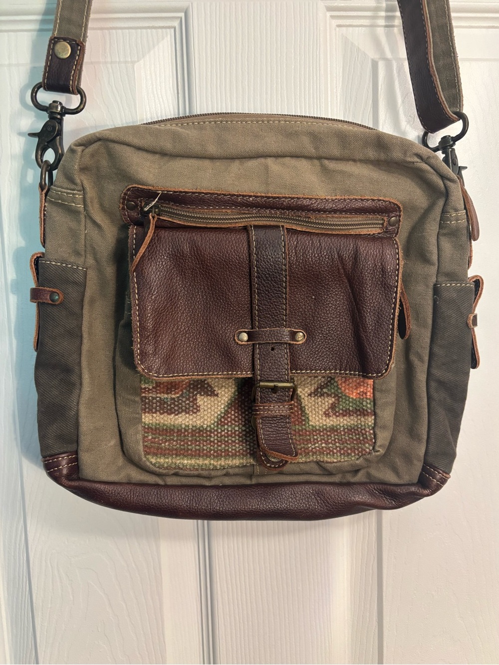 Myra Bag- Canvas & Leather Crossbody Bag in Olive Green and Brown